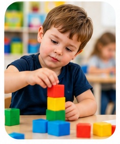 A child learning through play with colourful blocks