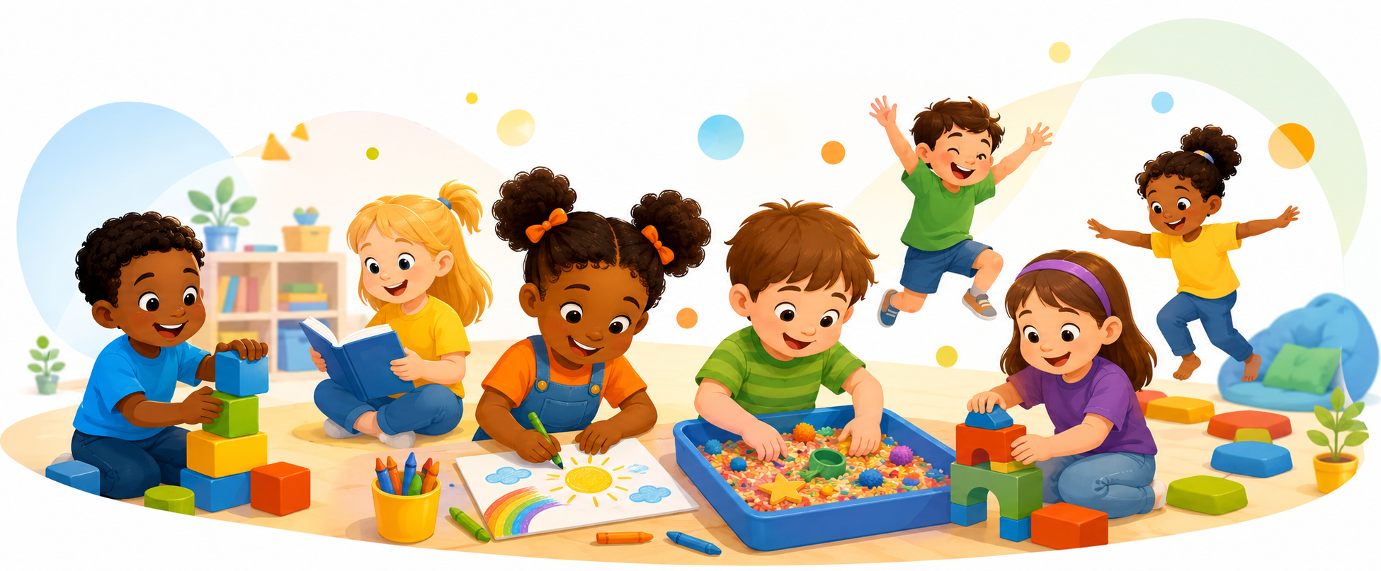 Children learning, drawing and playing together